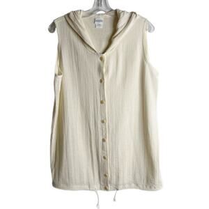 Lands' End Women's VTG Top S Cream Sleeveless Cotton Hooded Button Up Drawstring